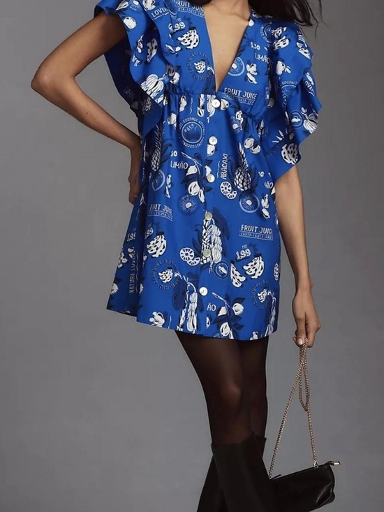 FARM Rio Dresses & Skirts - FARM Rio Flutter-Sleeve Babydoll Mini Dress- Blue Fruit Print